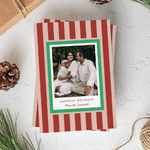 Cartão De Festividades Listras Vermelhas Modernas e Foto de Natal Verde