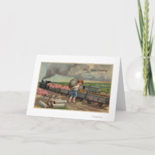 Cartão De Festividades Little Boy Dumping Money in Train