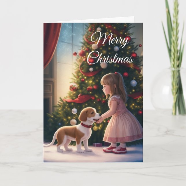 Cartão De Festividades Little Girl & Dog Love & Friendy Christmas Card (Frente)