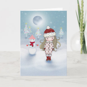 Cartão De Festividades Little Girl with Snowman Christmas Card