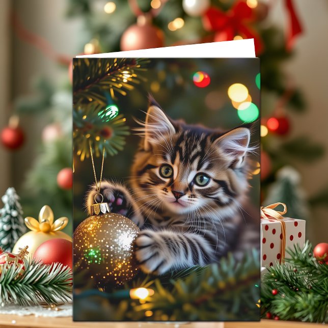 Cartão De Festividades Little Kitten on Christmas Tree Personalized (Criador carregado)