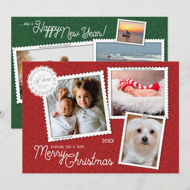 Cartão De Festividades Livro de Natal Vermelho e Verde | 8 Colagem de Fot (Frente/Verso)