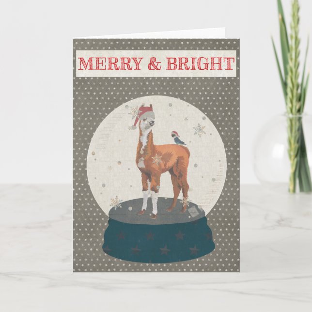Cartão De Festividades LLAMA & BIRD SNOWGLOBE FELIZ & BRIGHT Card (Frente)