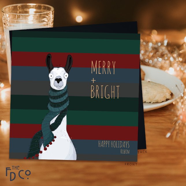 Cartão De Festividades Llama “Merry + Bright” Loucamente Fofo (Criador carregado)