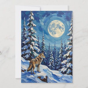 Cartão De Festividades Lobo Vintage na Floresta de Inverno ao Luar Natal