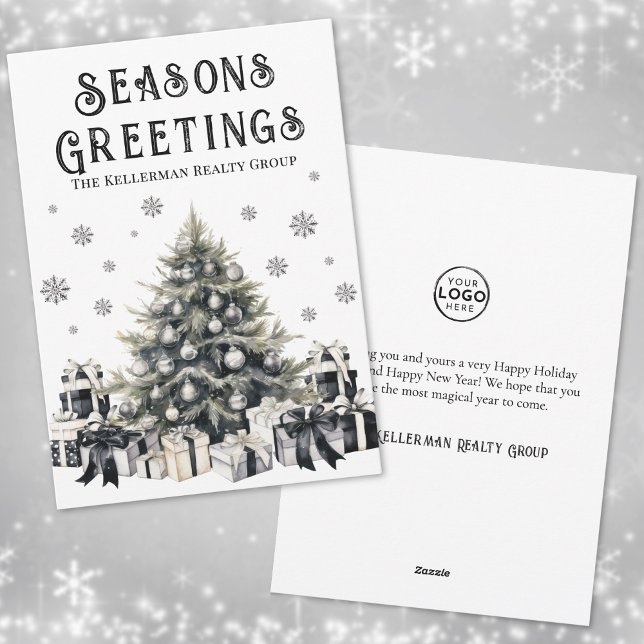 Cartão De Festividades Logotipo branco preto - Natal comercial (Black White Logo Business Christmas Holiday Card)
