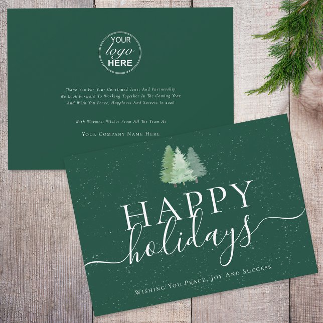 Cartão De Festividades Logotipo comercial da Woodland para Feriados Moder (Modern watercolor woodland snow happy holiday business logo christmas green and white card )
