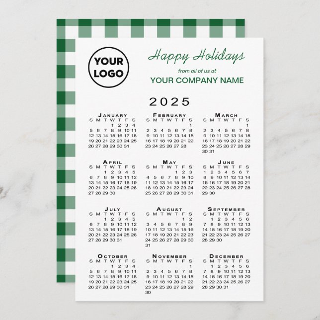 Cartão De Festividades Logotipo comercial do calendário 2025 Gingham bran (Frente/Verso)