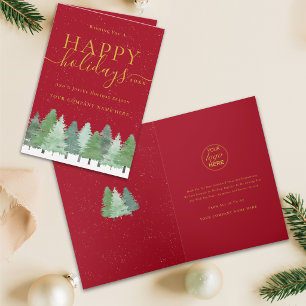 Cartão De Festividades Logotipo Corporativo Natal Floresta de Neve Vermel