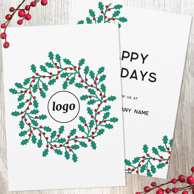 Cartão De Festividades Logotipo Holly Wreath Business (Logo holly wreath business promotional holiday card)