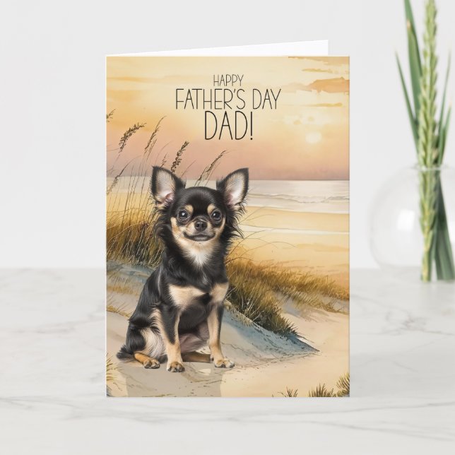 Cartão De Festividades Long Hair Chihuahua Dog Sunset Beach Father's Day (Frente)