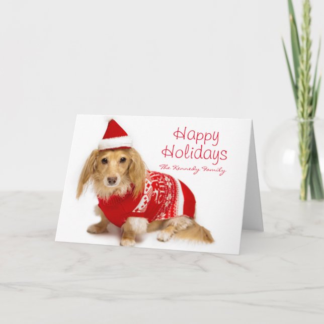 Cartão De Festividades Longhaired dachshund wearing a red Christmas (Frente)