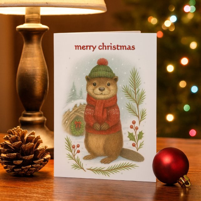 Cartão De Festividades Lontra Caprichosa de Natal  (“Woodland otter Christmas card with cozy winter scene—festive, kid-friendly, and nature inspired.”)