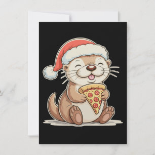 Cartão De Festividades Lontra Fofa de Natal Comendo Pizza Chapéu de Natal