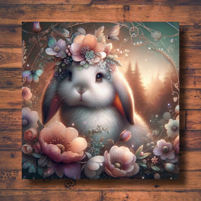 Cartão De Festividades Lop Eared Bunny Woodland Floral Art Nouveau Páscoa (Criador carregado)
