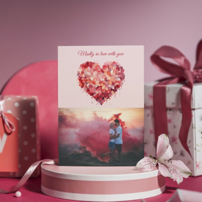 Cartão De Festividades Louco de Amor | Coração Floral | Foto Personalizad (Criador carregado)