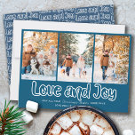 Cartão De Festividades Love and Joy Outline Lettering 3 Vertical Photo<br><div class="desc">Love and Joy 3 Photo Holiday Card with modern outline lettering and casual script typography. The photo template is ready for you to add 3 of your favorite photos, which are displayed in vertical, portrait format. The christmas card reads "Love and Joy .. may all your Christmas Wishes come true"...</div>