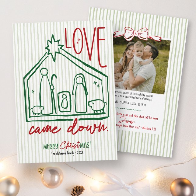 Cartão De Festividades Love Came Down Hand Drawn Manger CHRISTmas Photo (Love Came Down whimsical hand drawn manger Merry CHRISTmas bow bible verse unique photo holiday card)