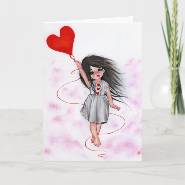Cartão De Festividades Love Heart Balloon Little Girl in Air Card (Frente)