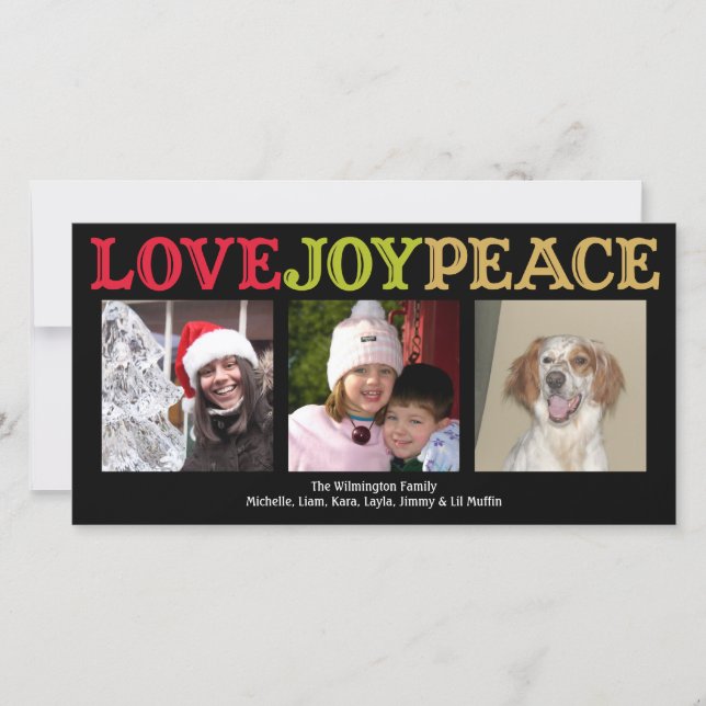 Cartão De Festividades Love Joy Peace woodblock black Christmas greeting (Frente)