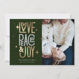 Cartão De Festividades Love Peace and Joy Dourado and Silver Holiday Card