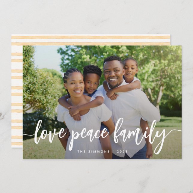 Cartão De Festividades Love Peace Family Modern Brusn Script Photo (Frente/Verso)