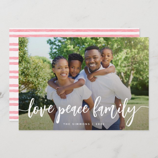 Cartão De Festividades Love Peace Family Modern Brusn Script Photo (Frente/Verso)