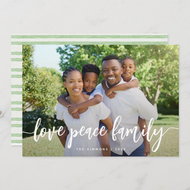 Cartão De Festividades Love Peace Family Modern Brusn Script Photo (Frente/Verso)
