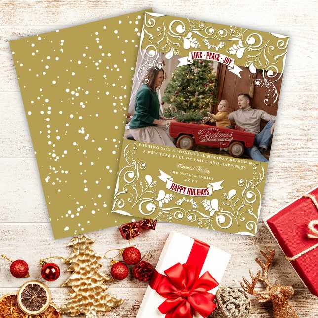 Cartão De Festividades Love Peace Joy Art Nouveau Flourish Photo (Criador carregado)