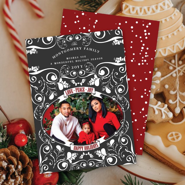 Cartão De Festividades Love Peace Joy Art Nouveau Flourish Photo (Criador carregado)