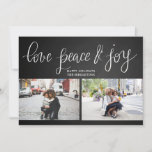 Cartão De Festividades Love Peace Joy Chalkboard Holiday Script Two Photo<br><div class="desc">Love Peace Joy Chalkboard Holiday Script Two Photo</div>