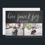 Cartão De Festividades Love Peace Joy Chalkboard Holiday Script Two Photo<br><div class="desc">Love Peace Joy Chalkboard Holiday Script Two Photo</div>