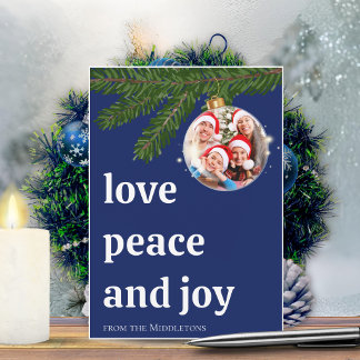 Cartão De Festividades Love Peace Joy Christmas Family Photo Navy Blue