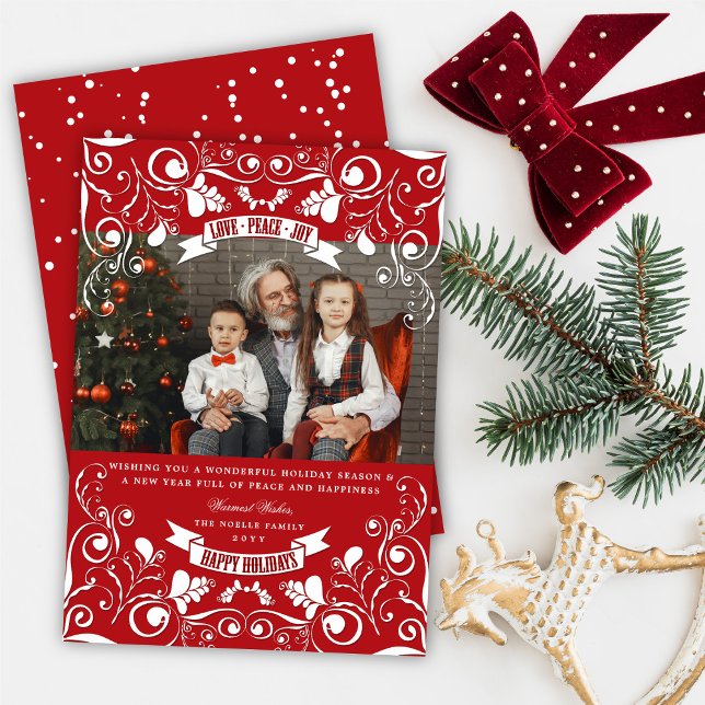 Cartão De Festividades Love Peace Joy Floral Flourish Red Photo (Criador carregado)