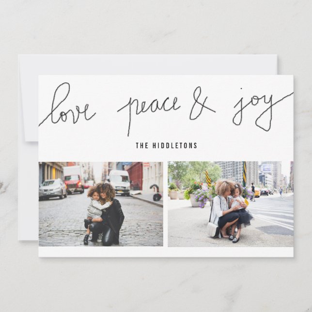Cartão De Festividades Love Peace Joy Modern Holiday Script Two Photo (Frente)