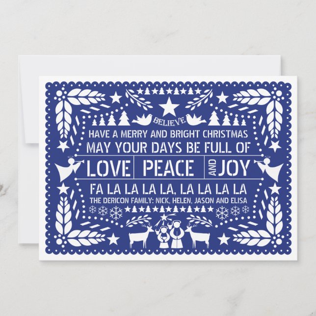 Cartão De Festividades Love Peace, Joy papel picado blue Christmas (Frente)
