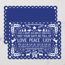 Cartão De Festividades Love Peace, Joy papel picado blue Christmas