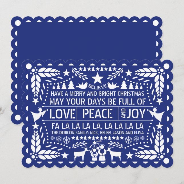 Cartão De Festividades Love Peace, Joy papel picado blue Christmas (Frente/Verso)