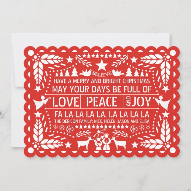 Cartão De Festividades Love Peace, Joy papel picado red Christmas (Frente)