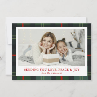 Cartão De Festividades "Love, Peace & Joy" Plaid Holiday Photo Card