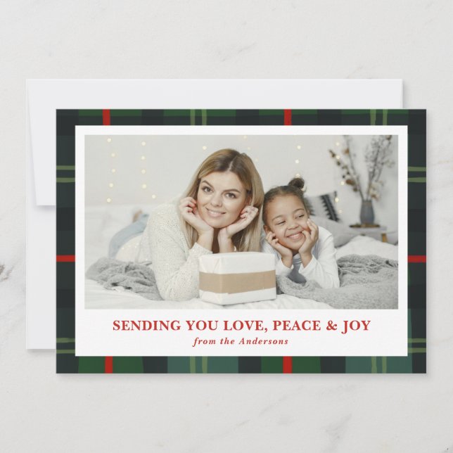 Cartão De Festividades "Love, Peace & Joy" Plaid Holiday Photo Card (Frente)