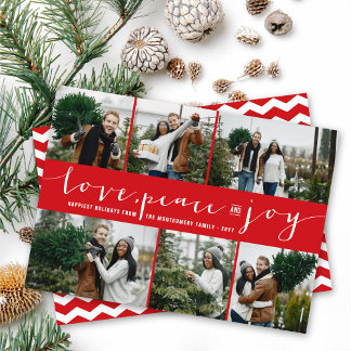Cartão De Festividades Love Peace Joy Red Banda Modern 6 Photo Collage
