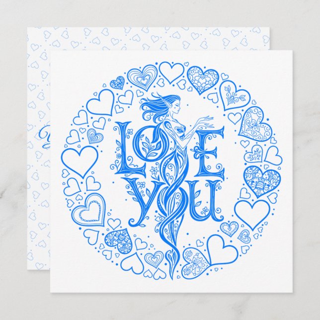 Cartão De Festividades Love You Fantasy Valentine gift Blue Line Art  (Frente/Verso)