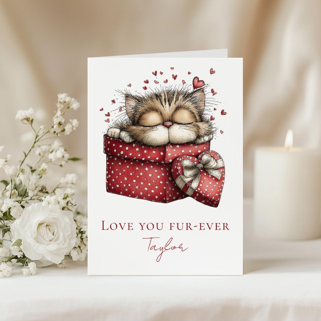 Cartão De Festividades Love You Fur-Ever Cute Cat Valentine Folded Card (Love You Fur-Ever Cute Cat Valentine Folded Card on a table with white flowers)