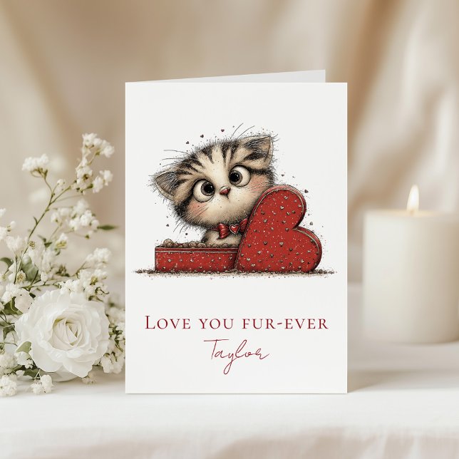 Cartão De Festividades Love You Fur-Ever Funny Cat Valentine Folded Card (Love You Fur-Ever Funny Cat Valentine Folded Card on a table with white flowers)