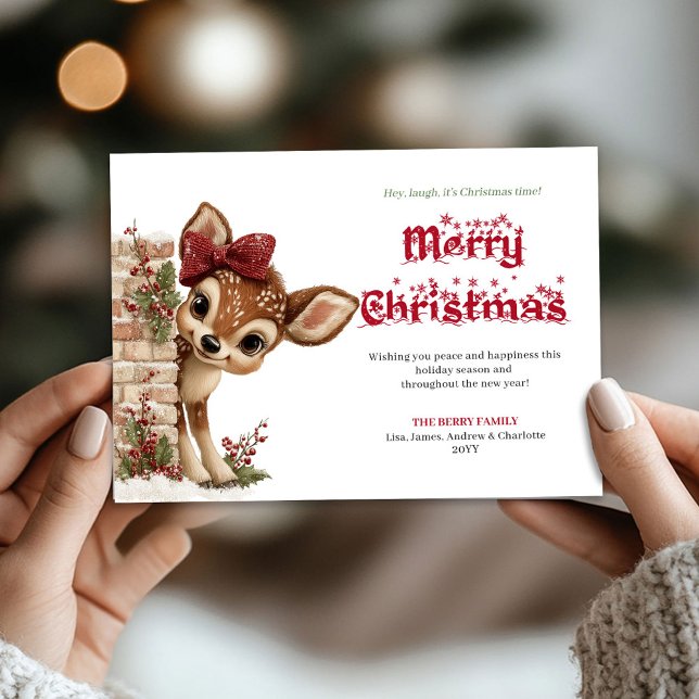 Cartão De Festividades Lovely Christmas baby deer peeking winter card (Lovely Christmas baby deer peeking winter card)