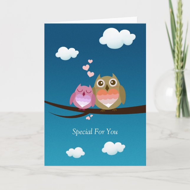 Cartão De Festividades Lovely Cute Owl Couple Full of Love Heart (Frente)
