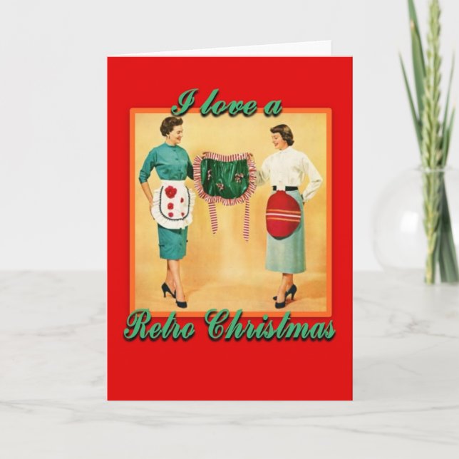 Cartão De Festividades LoveRetroChristmasLadiesAprons-GreetingCard (Frente)