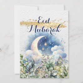 Cartão De Festividades Lua em Aquarela Eid Mubarak com Destaque Dourado V