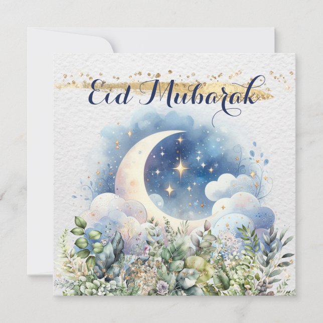 Cartão De Festividades Luar Crescente Aquarela Eid Mubarak com Acento Dou (Frente)